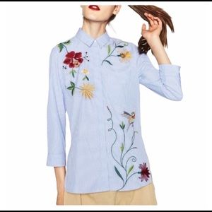 Gently Used ZARA Floral Blue White Stripe Button Down Shirt Medium
